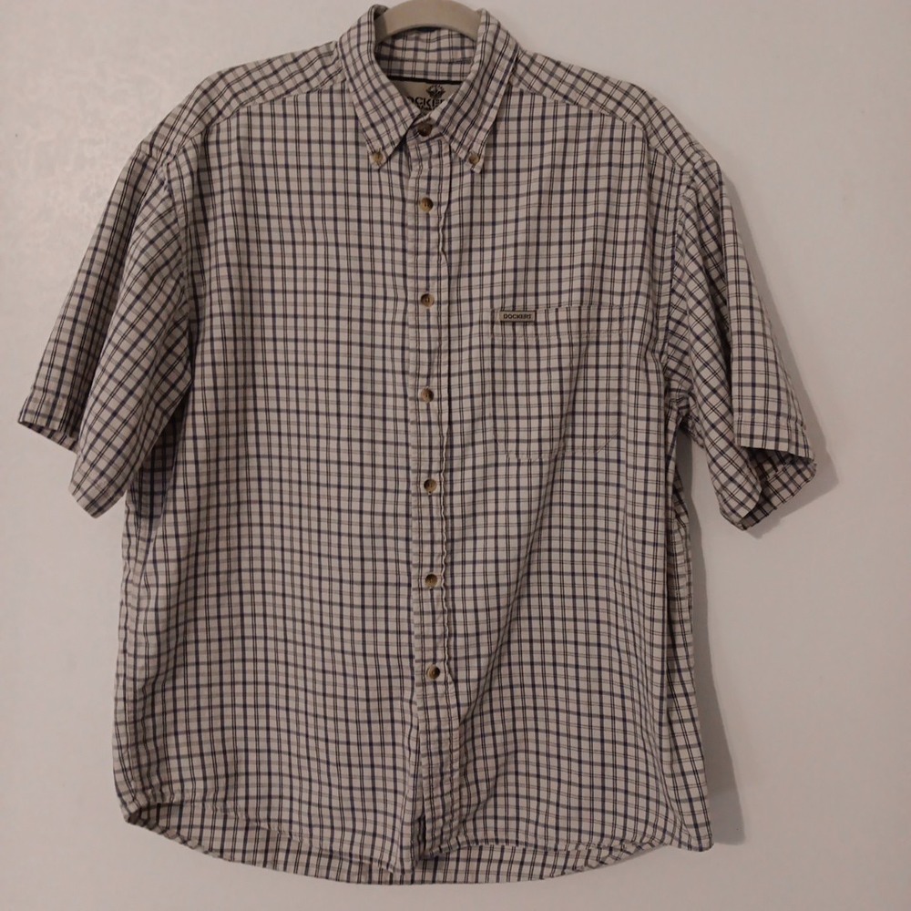 Docker's Khakiware Button Down Shirt Men's Sz M Navy/Beige Plaid ‎ Short Sleeve